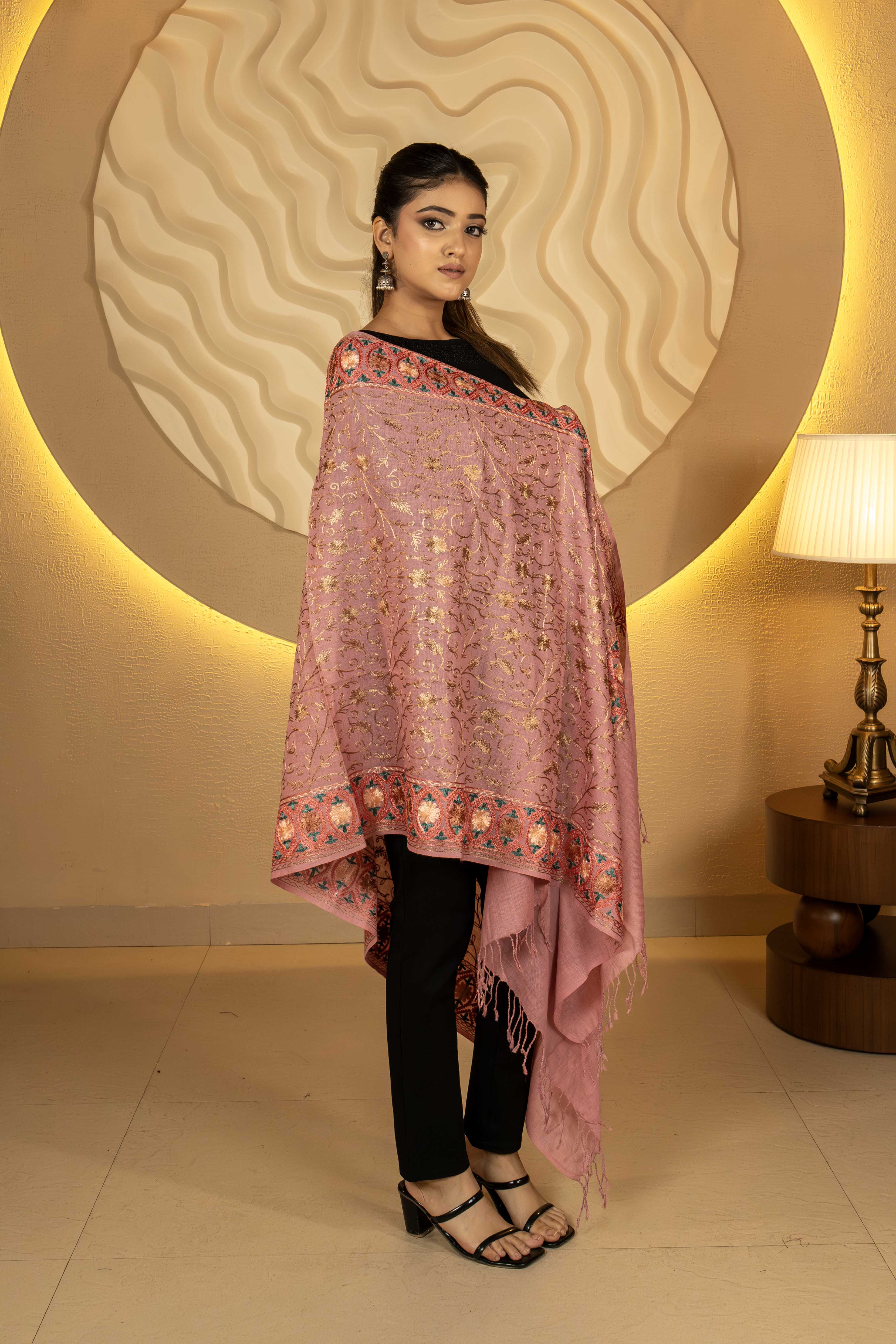 Aari Embroidered Pink Poly Wool Stole For Women